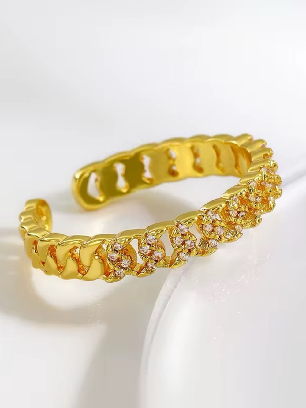 Trendy Bonafide Glam 18k Plated Cuban Link Open Ring | Cubic Zirconia Stones - Picture 3 of 5